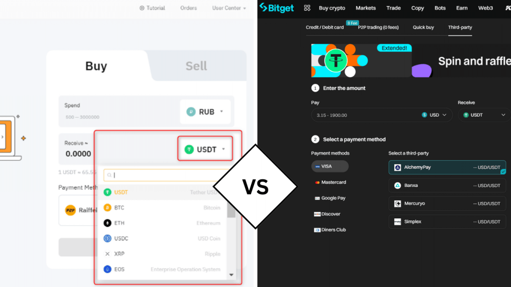 Bybit vs. Bitget payment methods comparison